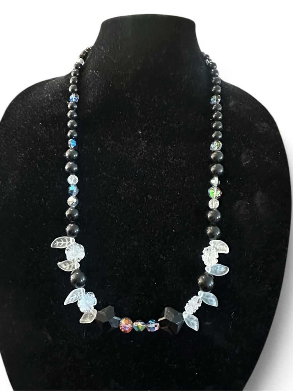 Vintage 28" Eclectic Crystal Confetti Beaded Necklace - Black, Clear & AB Glass